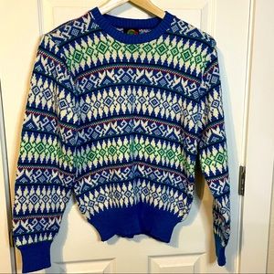 VTG 80s Iredell County blue white green knit sweater w/ hidden cat design sz M